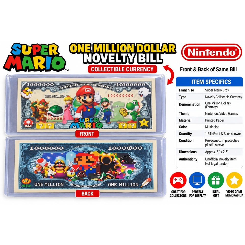 Super Mario Bros One Million Dollar Novelty Bill Nintendo Collectible Currency